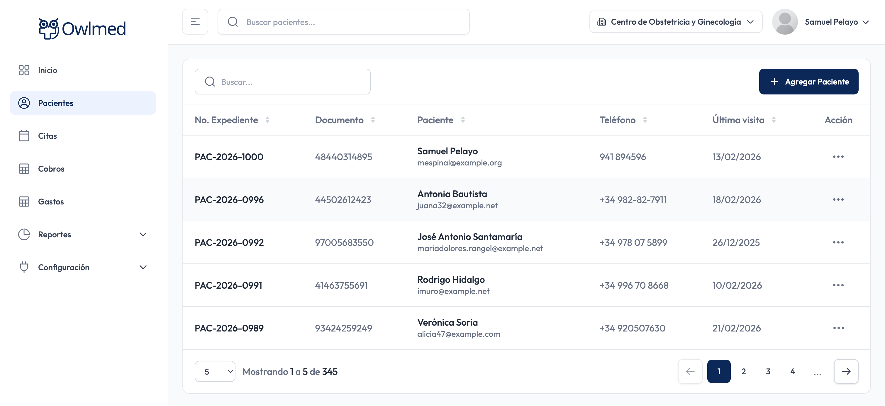 Módulo de pacientes de OwlMed con listado, filtros y datos clínicos organizados